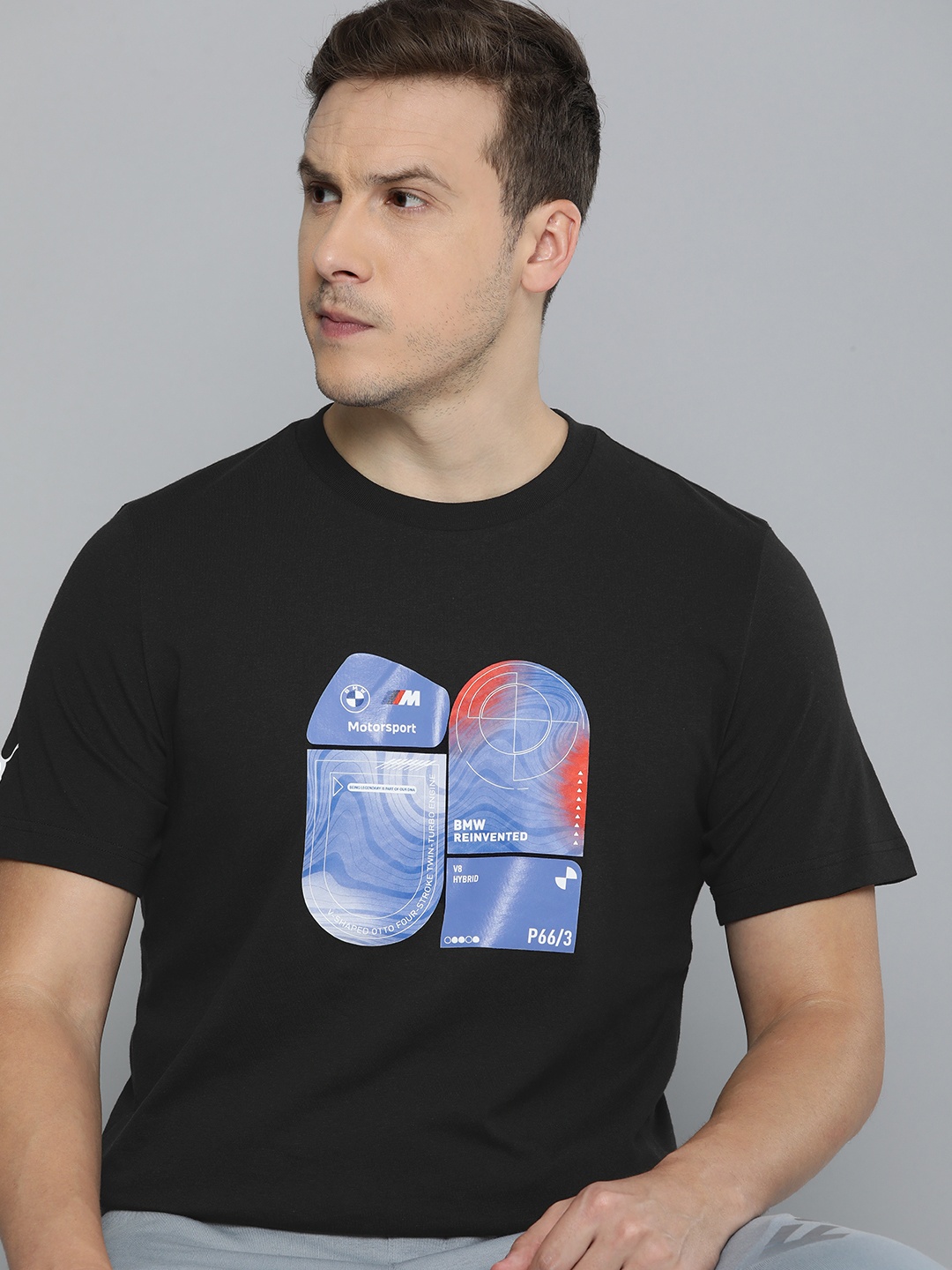 

PUMA Motorsport Men Brand Logo BMW Printed Pure Cotton T-shirt, Black