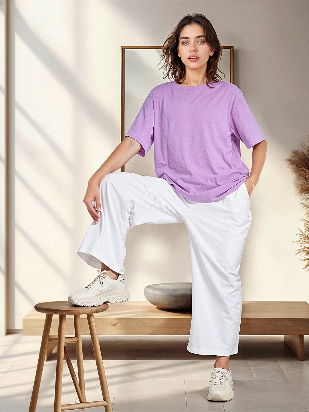 HERE&NOW Women Typography Printed Pure Cotton T-shirt, Lavender