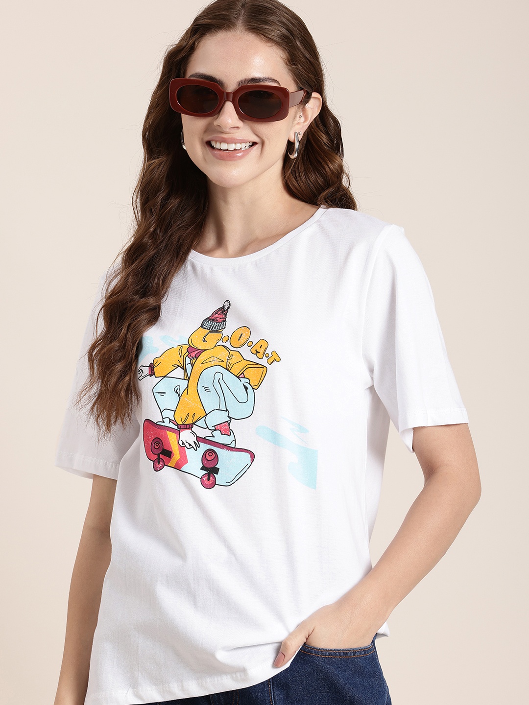 

HERE&NOW Printed Drop-Shoulder Sleeves Pure Cotton T-shirt, White