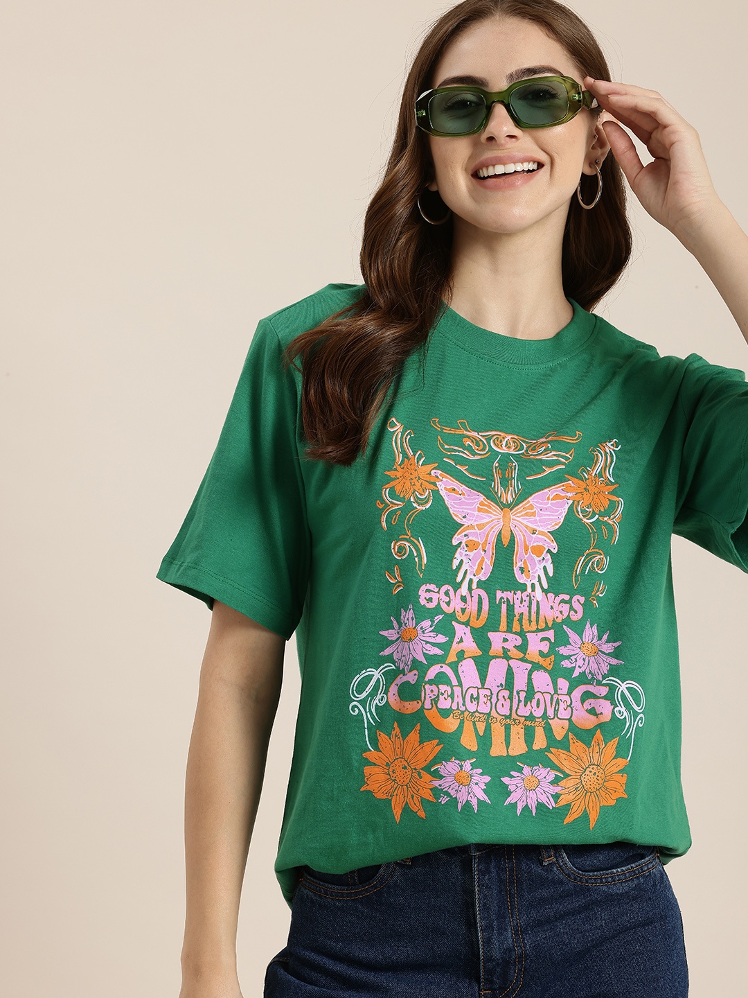 

HERE&NOW Printed Pure Cotton T-shirt, Green