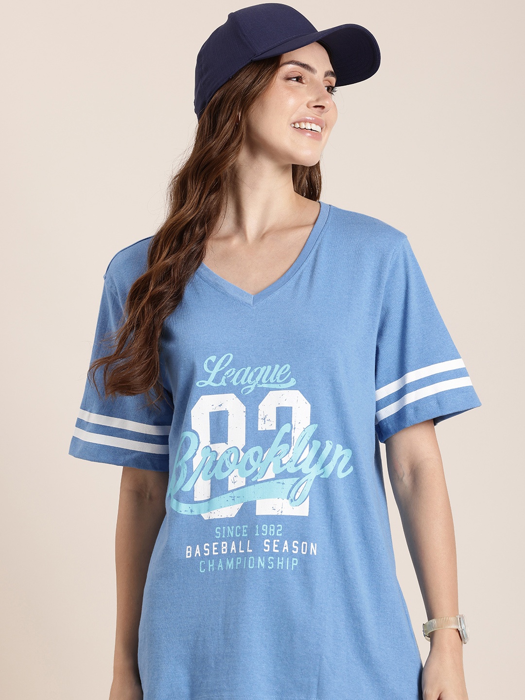 

HERE&NOW Varsity Printed V-Neck Drop-Shoulder Sleeves Relaxed Fit T-shirt, Blue