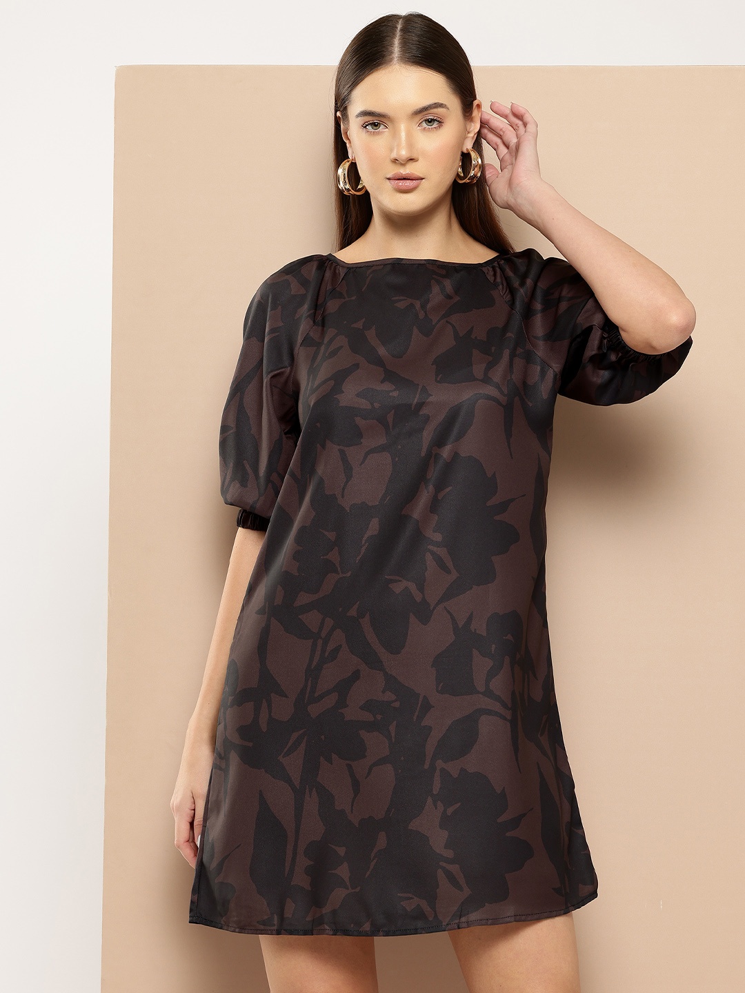 

Chemistry Printed Puff Sleeve A-Line Mini Dress, Coffee brown