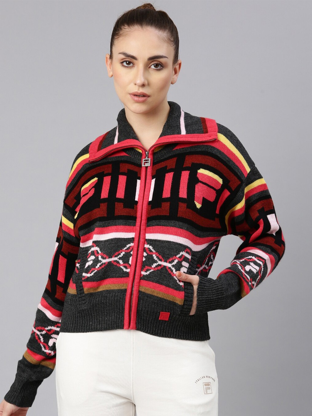 

FILA Women Quirky Printed Spread Collar Woolen Oversized Cardigan Sweater, Black