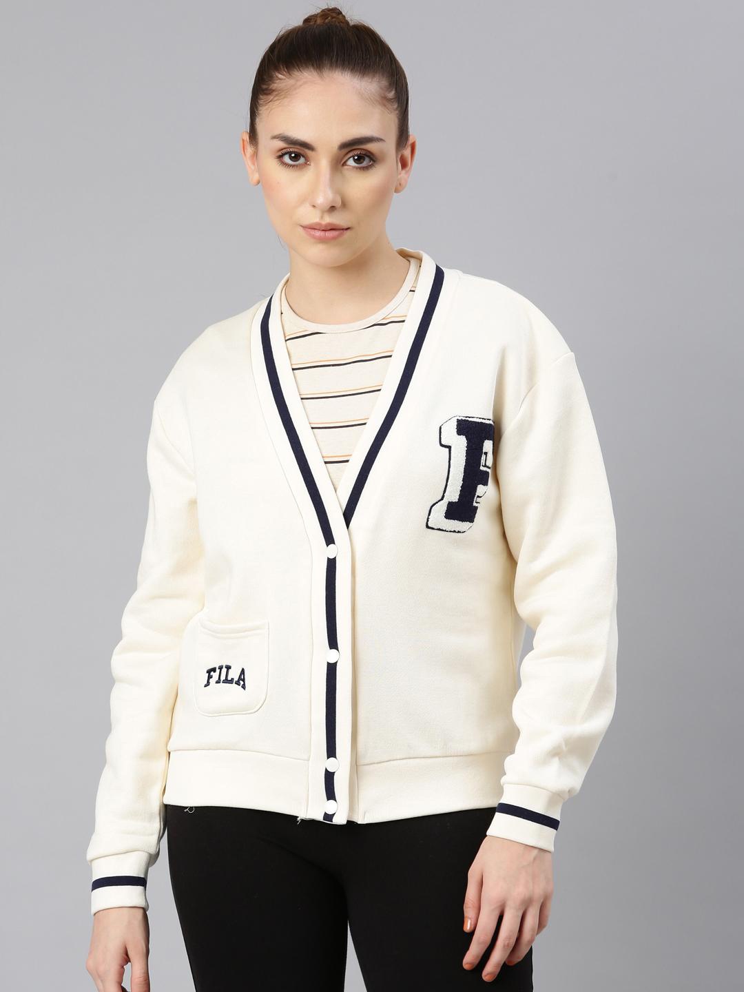 

FILA V-Neck Cotton Cardigan Sweaters, Cream