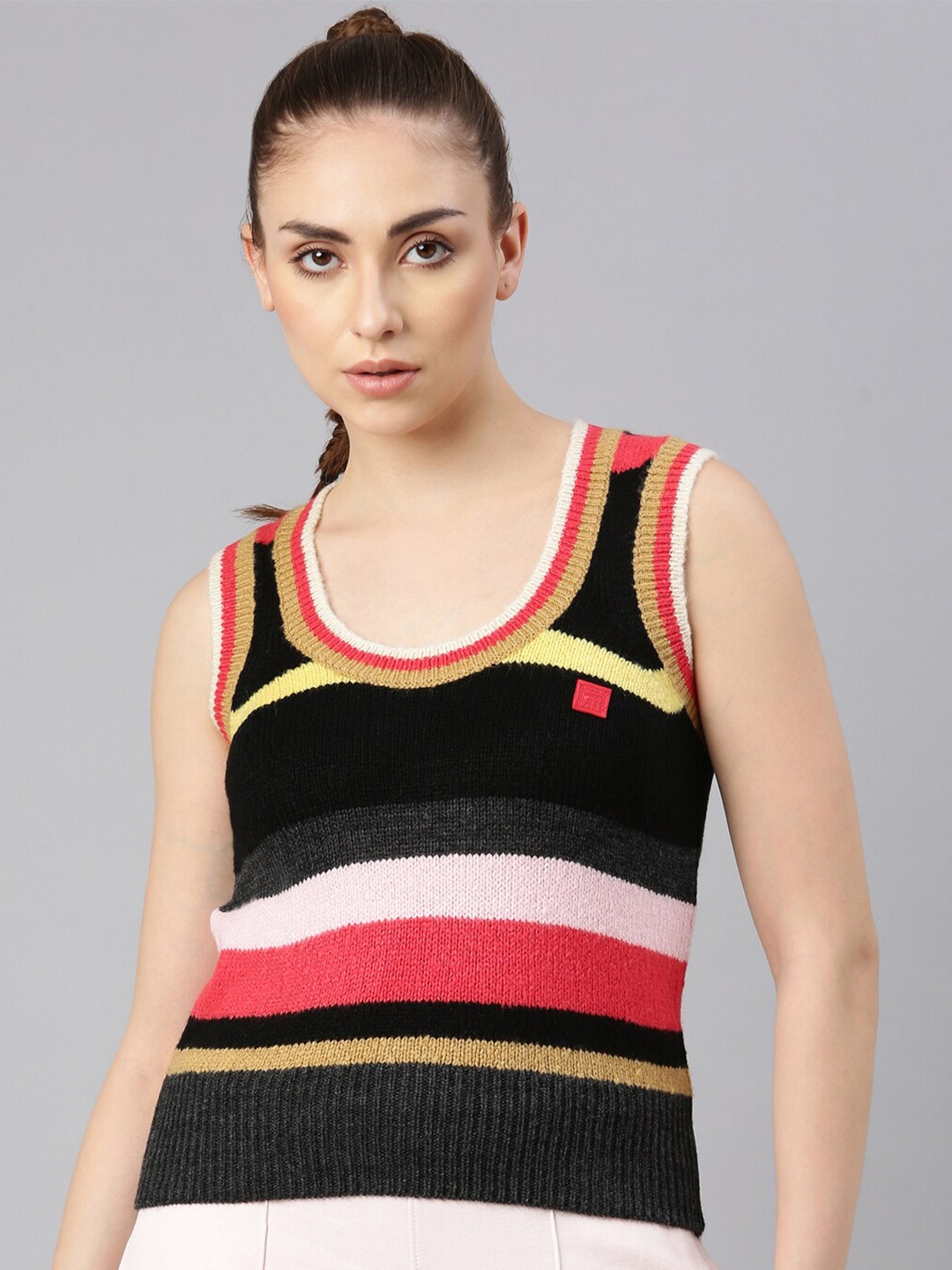 

FILA Striped Round Neck Woolen Sweater Vest, Black