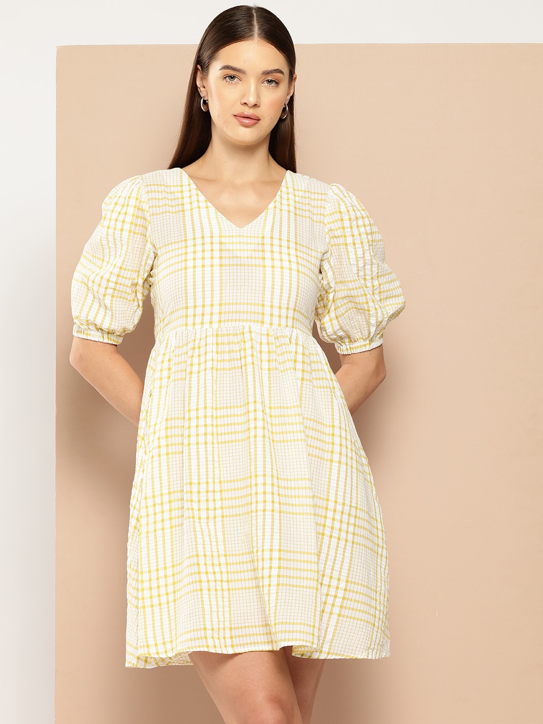 

Chemistry Checked Puff Sleeves Cotton A-Line Dress, Off white