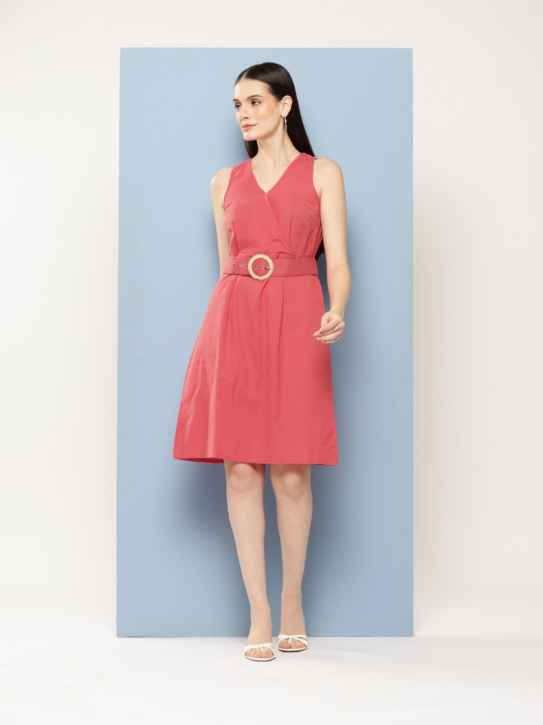 

Chemistry Cotton Linen Wrap Dress with Belt, Coral