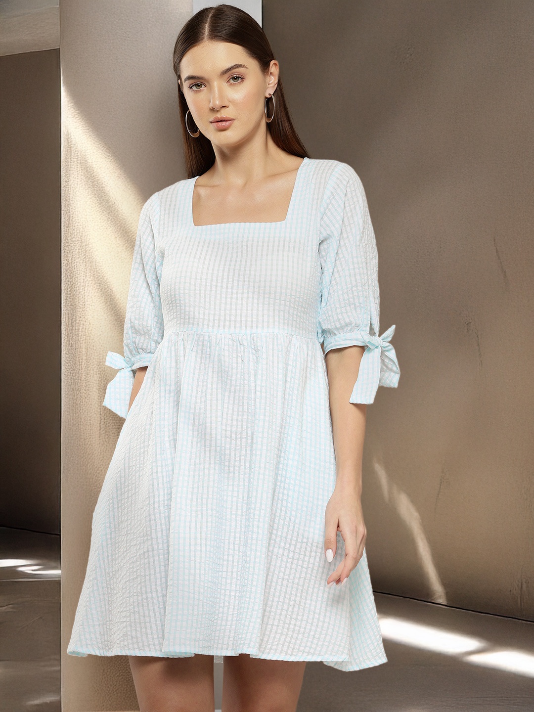 

Chemistry Seersucker Striped Fit & Flare Cotton Dress, Blue
