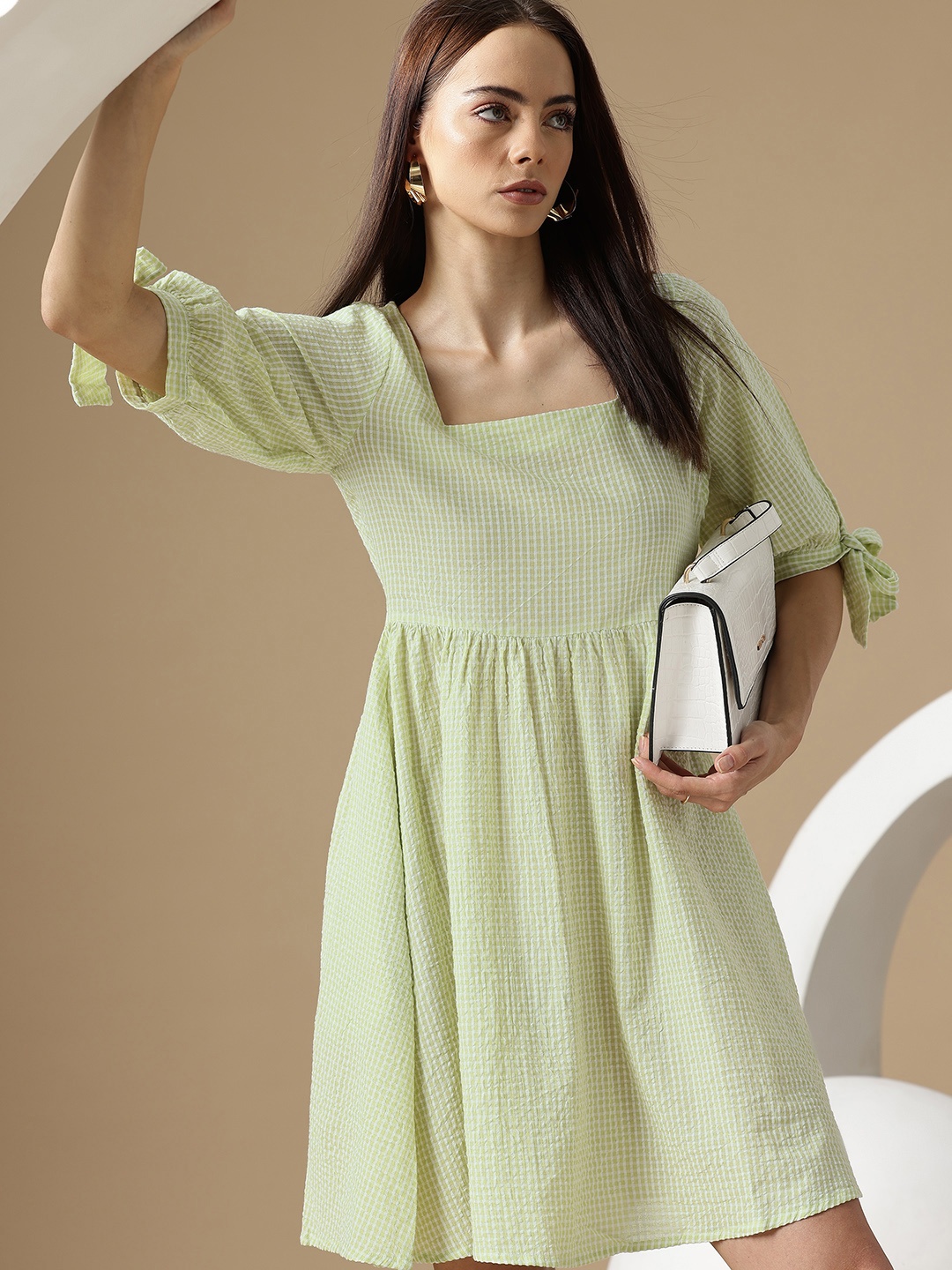 

Chemistry Checked Fit & Flare Mini Cotton Dress, Green