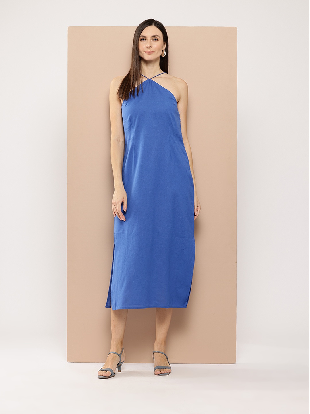 

Chemistry Cotton Linen Halter Neck A-Line Midi Dress, Blue