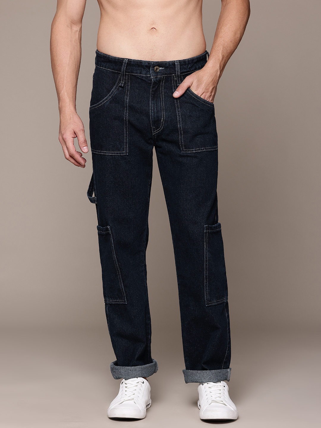 

The Roadster Lifestyle Co. Men Pure Cotton Cargo Style Jeans, Navy blue