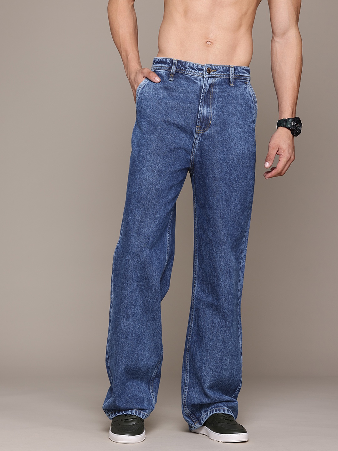 

Roadster The Life Co. Men Wide Leg Non-Stretchable Pure Cotton Jeans, Blue