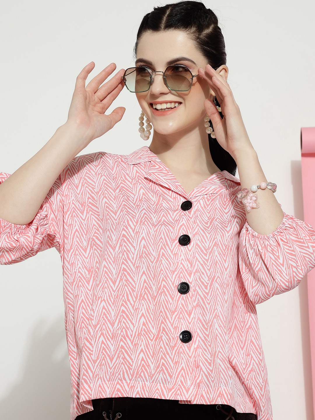 

FashionsEye Geometric Printed Cuban Collar Shirt Style Top, Peach