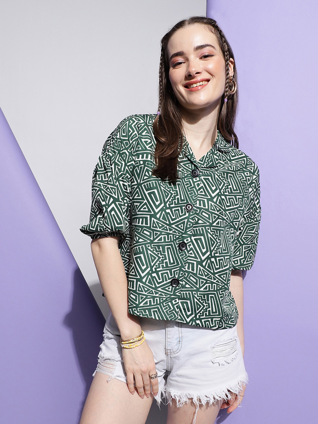 

FashionsEye Abstract Printed Shirt Collar Roll-Up Sleeves Shirt Style Top, Green