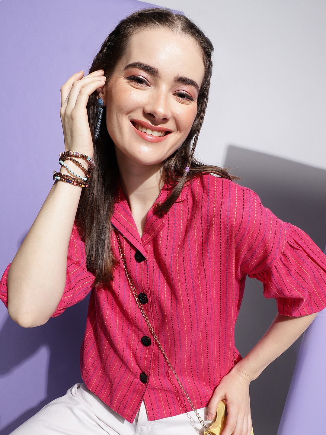 

FashionsEye Striped Shirt Collar Short Sleeves Cotton Shirt Style Top, Pink