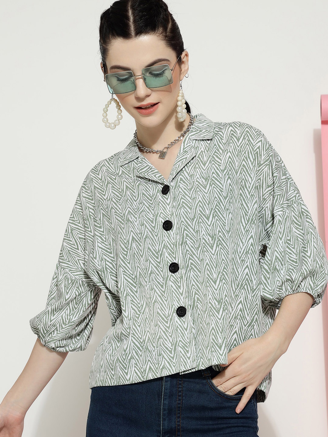 

FashionsEye Geometric Printed Shirt Collar Puff Sleeve Crepe Shirt Style Top, Sea green