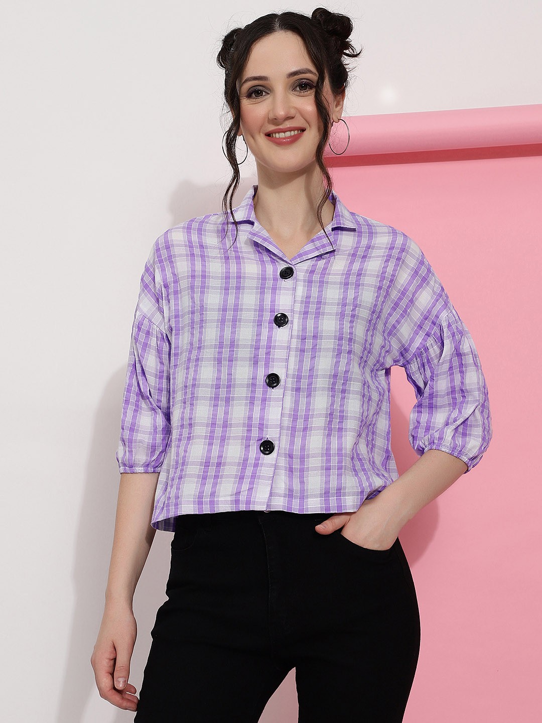 

FashionsEye Checked Cuban Collar Shirt Style Top, Purple