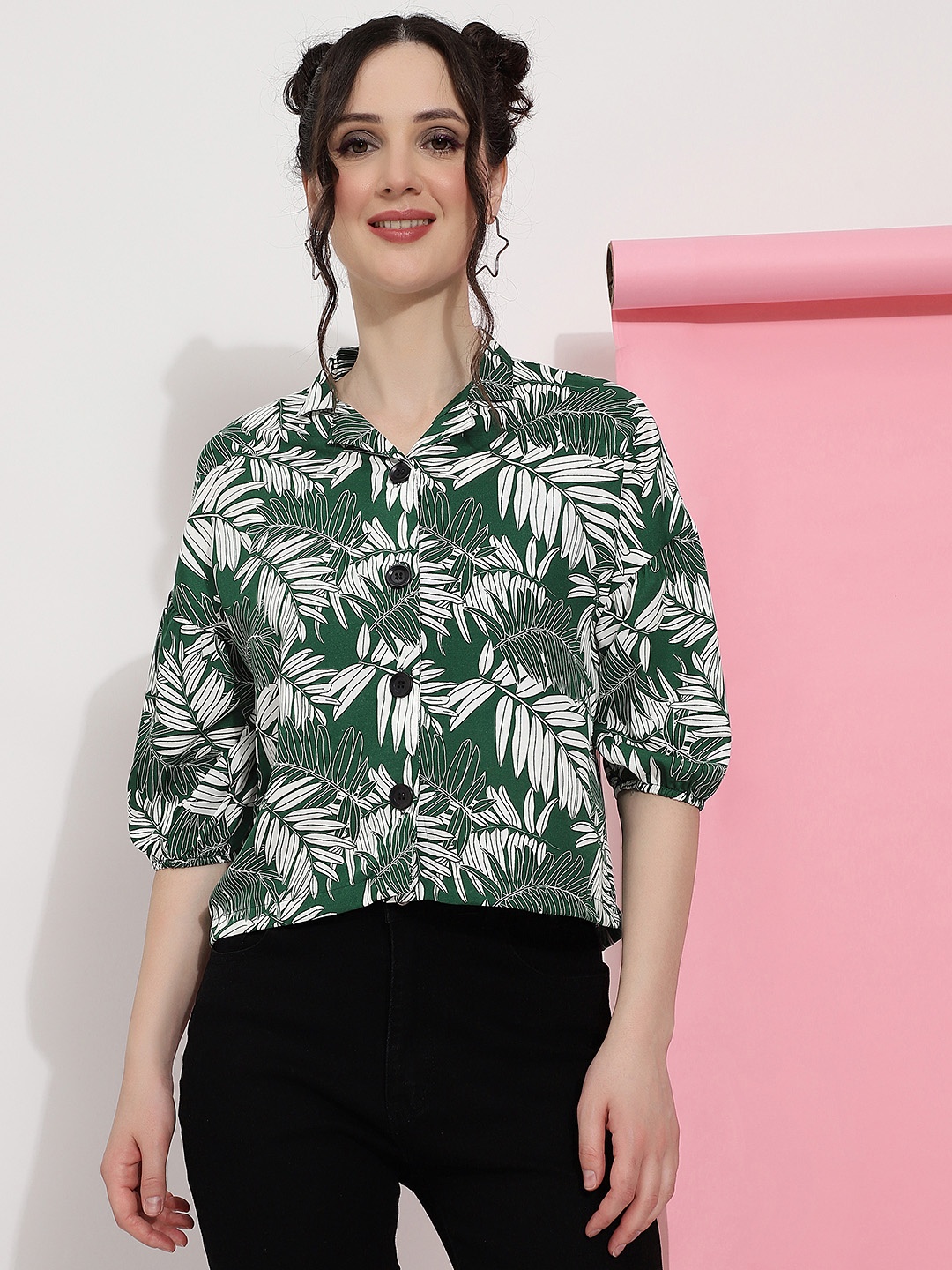 

FashionsEye Tropical Printed Shirt Collar Three-Quarter Sleeves Crepe Shirt Style Top, Green