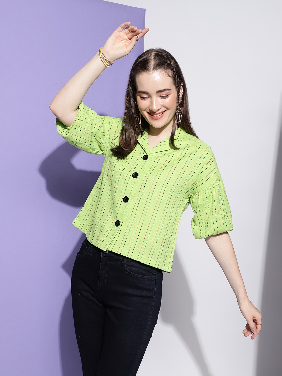 

FashionsEye Striped Shirt Collar Short Sleeves Cotton Shirt Style Top, Green