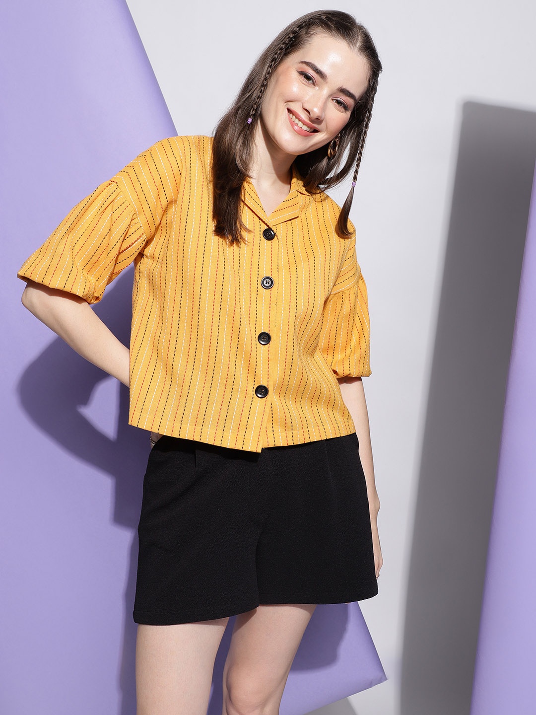 

FashionsEye Striped Shirt Collar Short Sleeves Puff Sleeve Crepe Shirt Style Top, Yellow