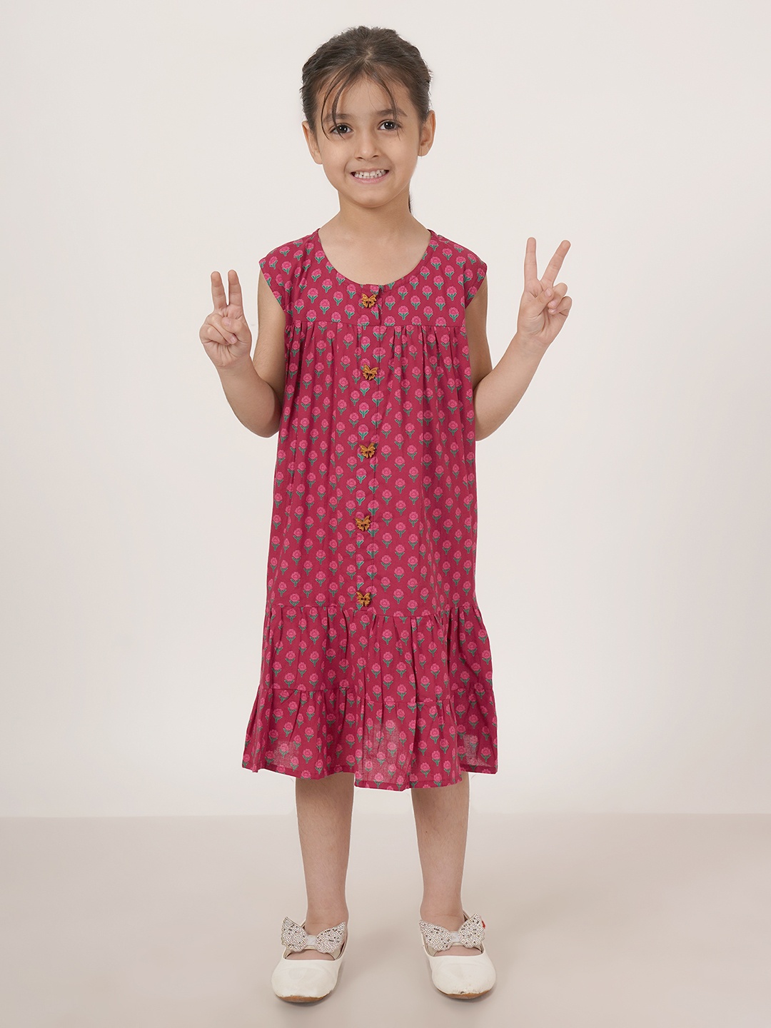 

FABRIC FITOOR Girls Floral Printed Cotton A-Line Midi Dress, Maroon