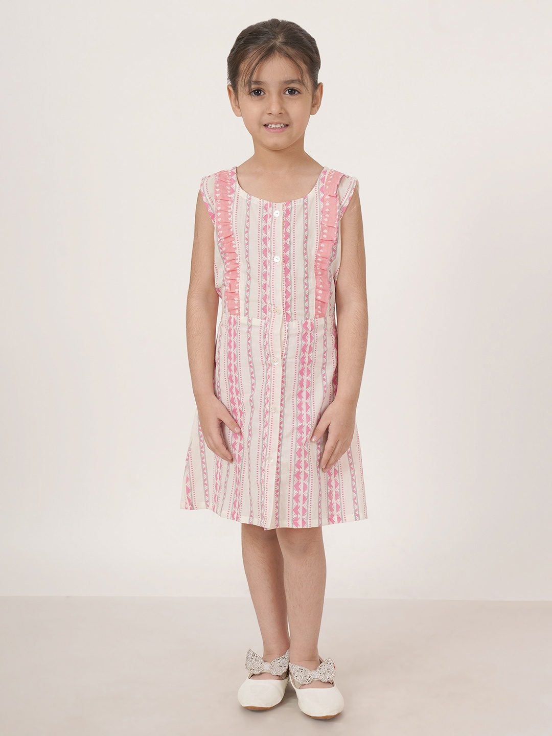 

FABRIC FITOOR Girls Geometric Print Cotton A-Line Dress, Cream