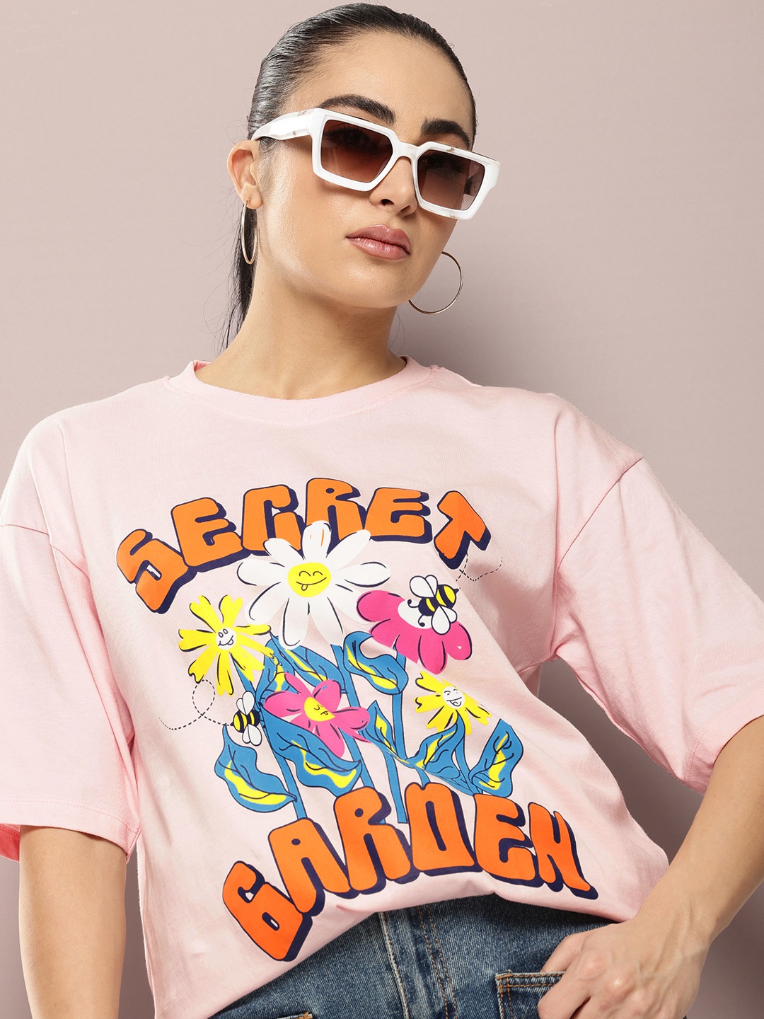 

Kook N Keech Printed Drop-Shoulder Sleeves Pure Cotton Oversized T-shirt, Pink