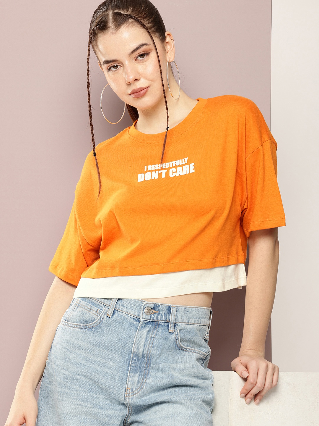 

Kook N Keech Pure Cotton Typography Printed Drop-Shoulder Sleeves Oversized Crop T-shirt, Orange