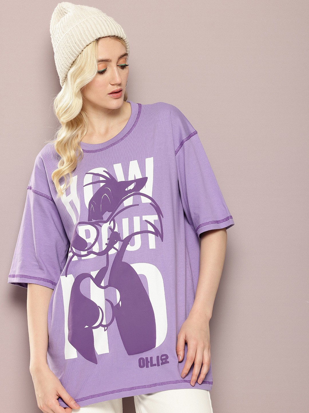 

Kook N Keech Looney Tunes Sylvester Printed Drop-Shoulder Pure Cotton Oversized T-shirt, Lavender