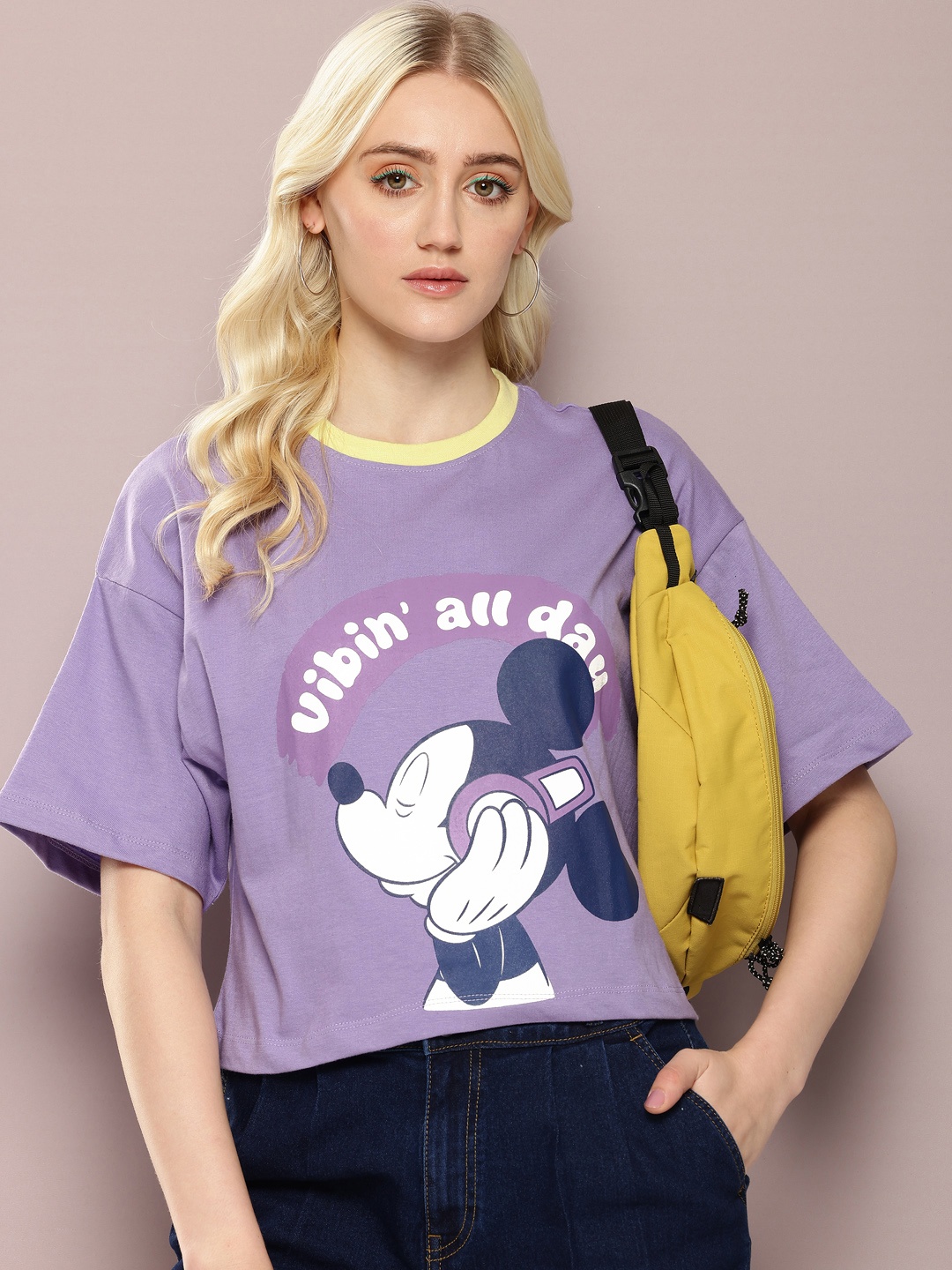 

Kook N Keech Disney Mickey Mouse Printed Drop-Shoulder Sleeves Pure Cotton Boxy T-shirt, Lavender