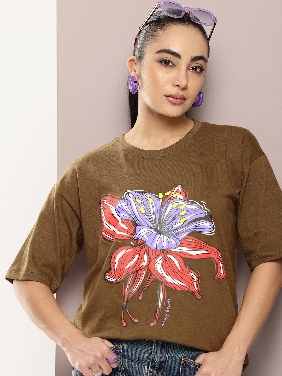 

Kook N Keech Printed Drop-Shoulder Sleeves Pure Cotton Oversized T-shirt, Olive