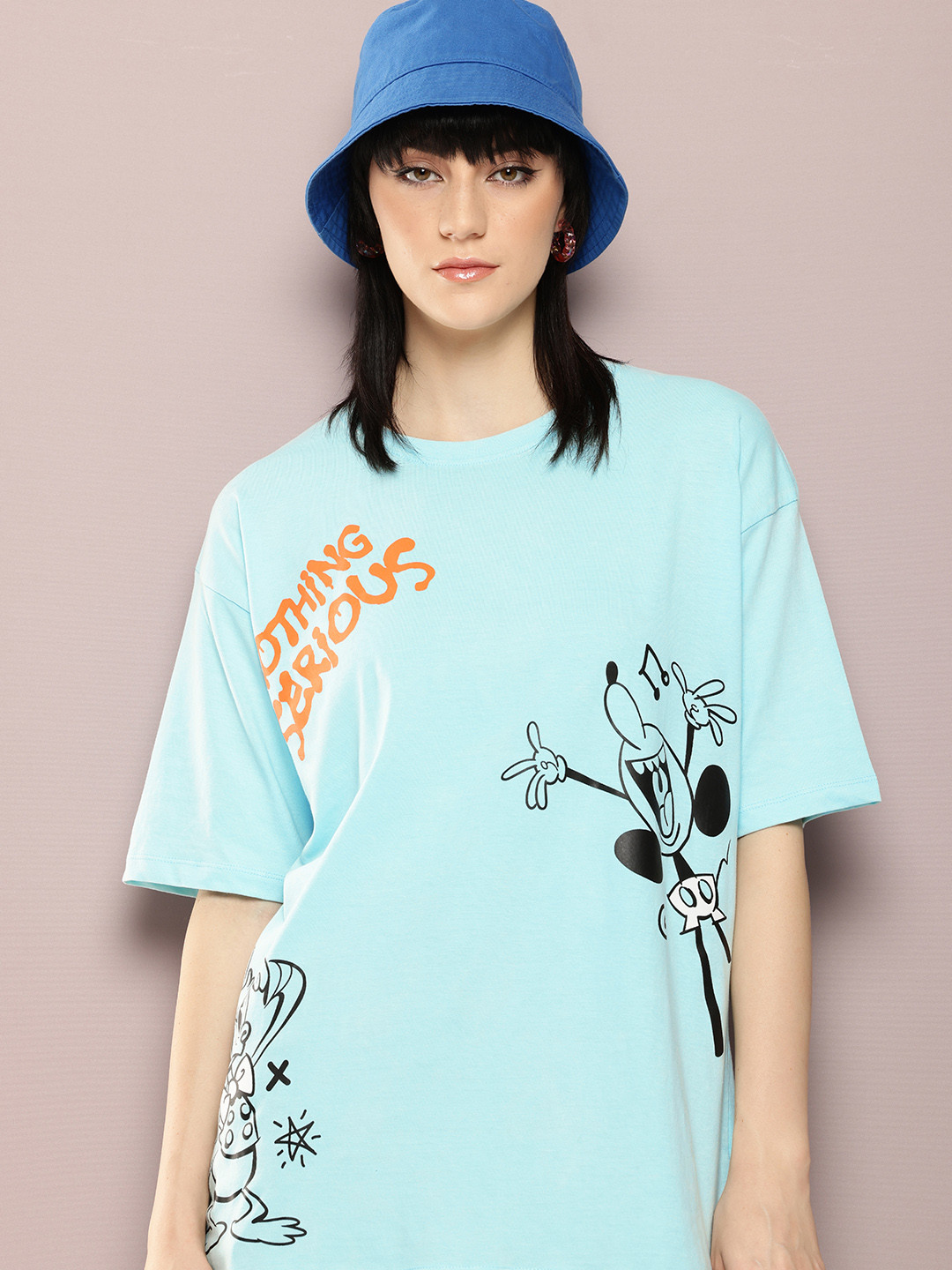 

Kook N Keech Disney Printed Drop-Shoulder Sleeves Pure Cotton Oversized T-shirt, Blue