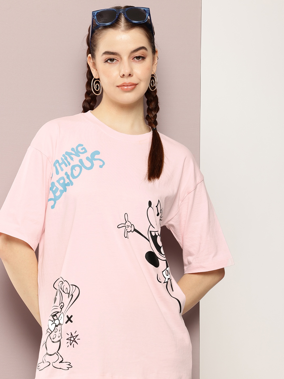 

Kook N Keech Disney Printed Drop-Shoulder Sleeves Pure Cotton Oversized T-shirt, Pink