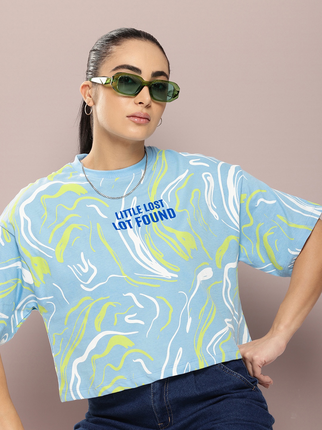 

Kook N Keech Printed Drop-Shoulder Sleeves Pure Cotton Boxy Crop T-shirt, Blue
