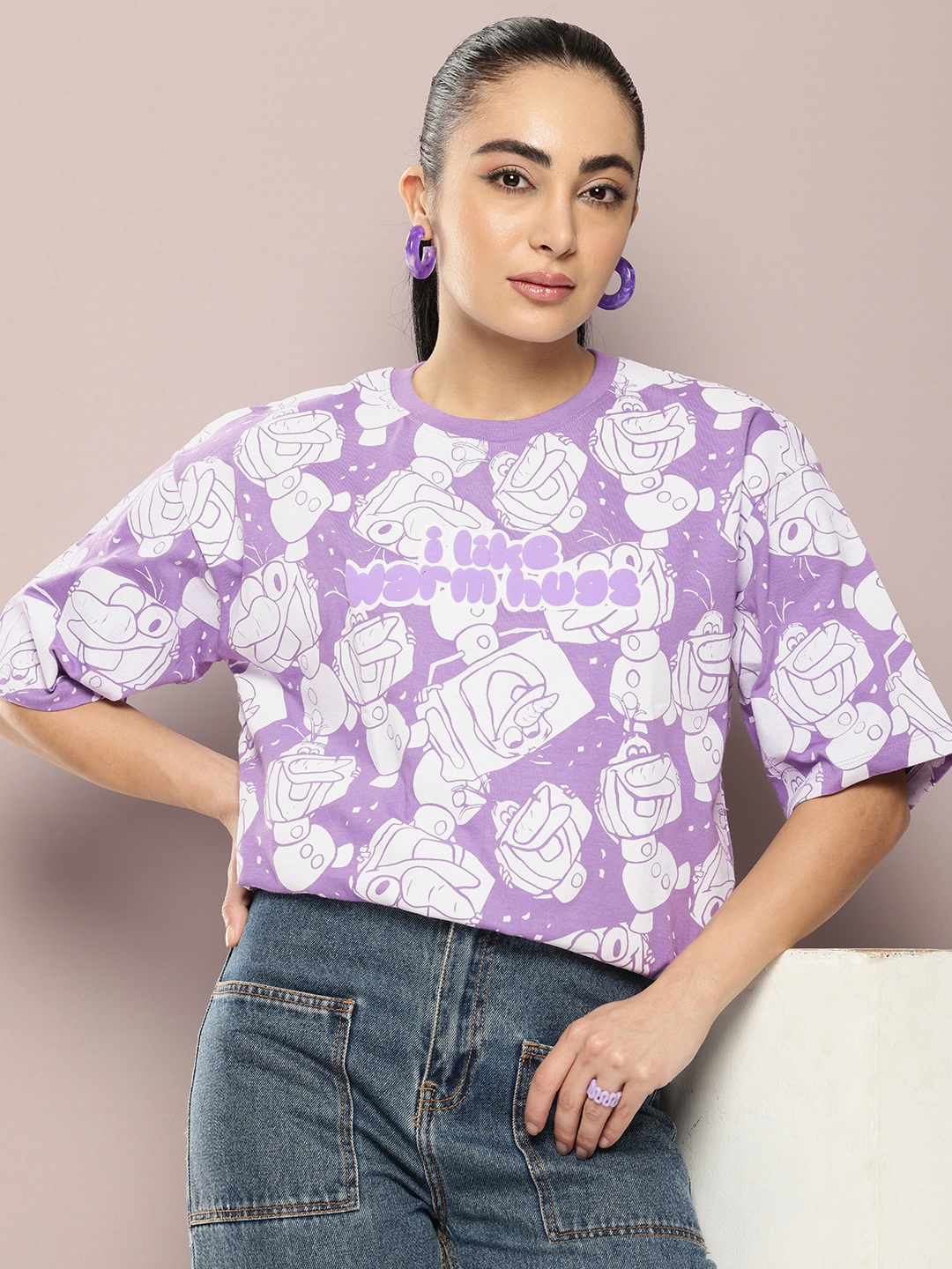 

Kook N Keech Disney Olaf Printed Drop-Shoulder Sleeves Pure Cotton Oversized T-shirt, Purple