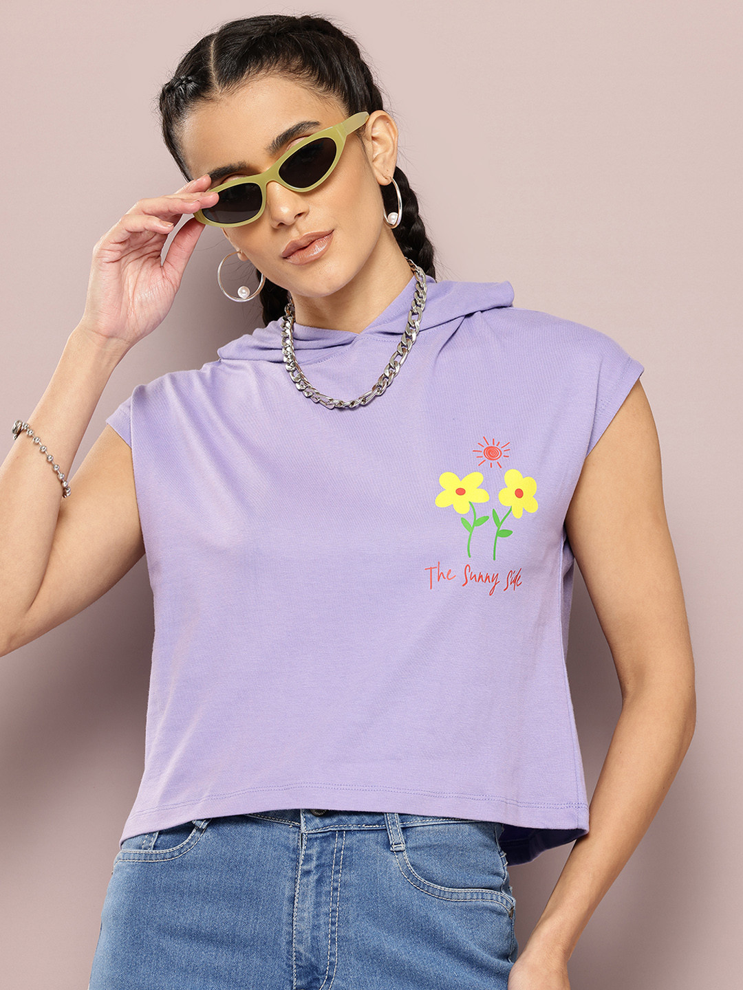 

Kook N Keech Women Printed Hooded Oversized T-shirt, Lavender