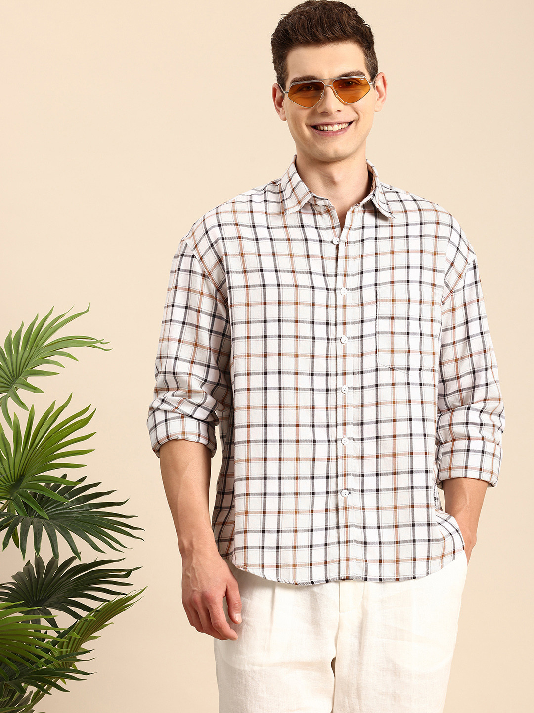 

Mast & Harbour Pure Cotton Checked Casual Shirt, Off white