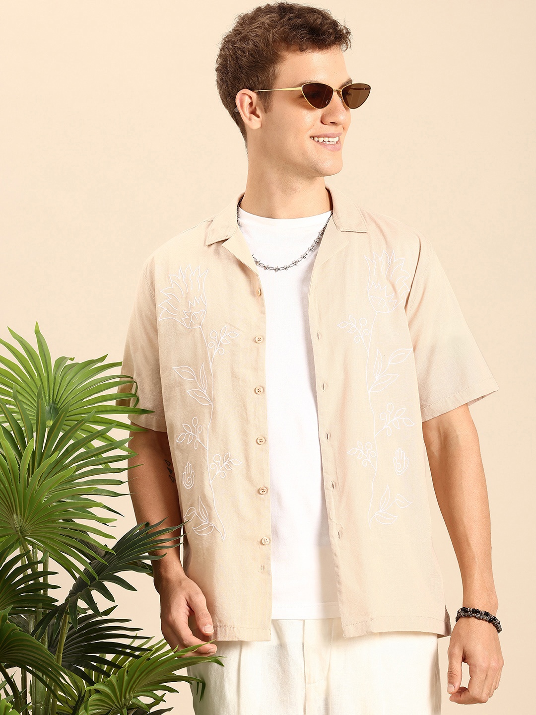 

Mast & Harbour Pure Cotton Floral Embroidered Cuban Collar Relaxed Fit Casual Shirt, Beige