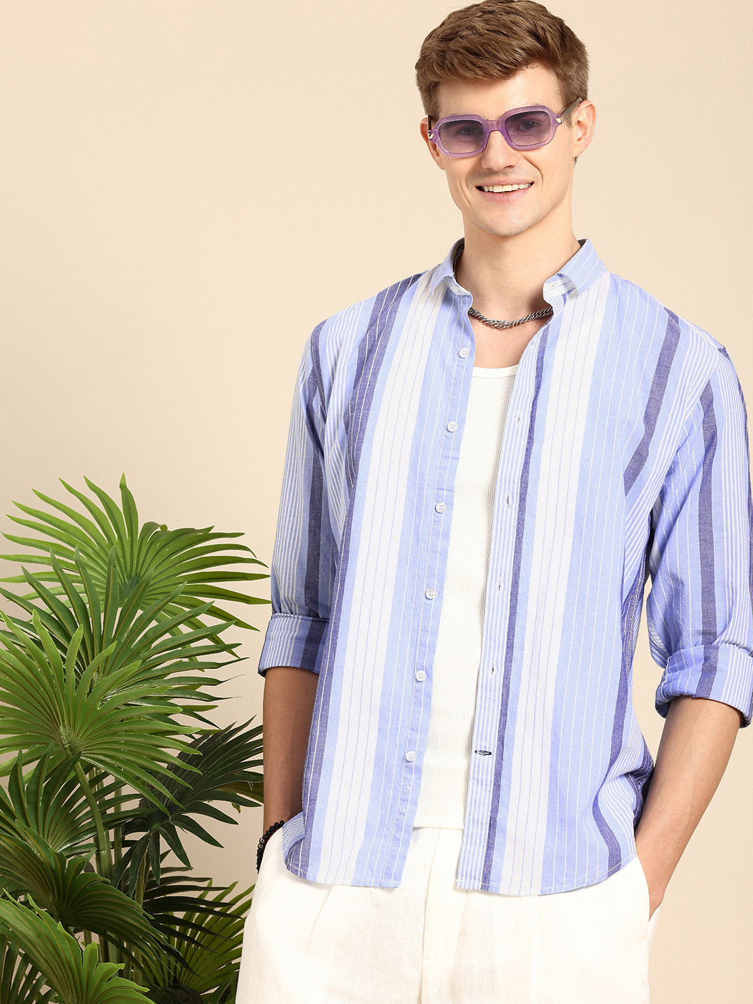 

Mast & Harbour Pure Cotton Striped Casual Shirt, Blue