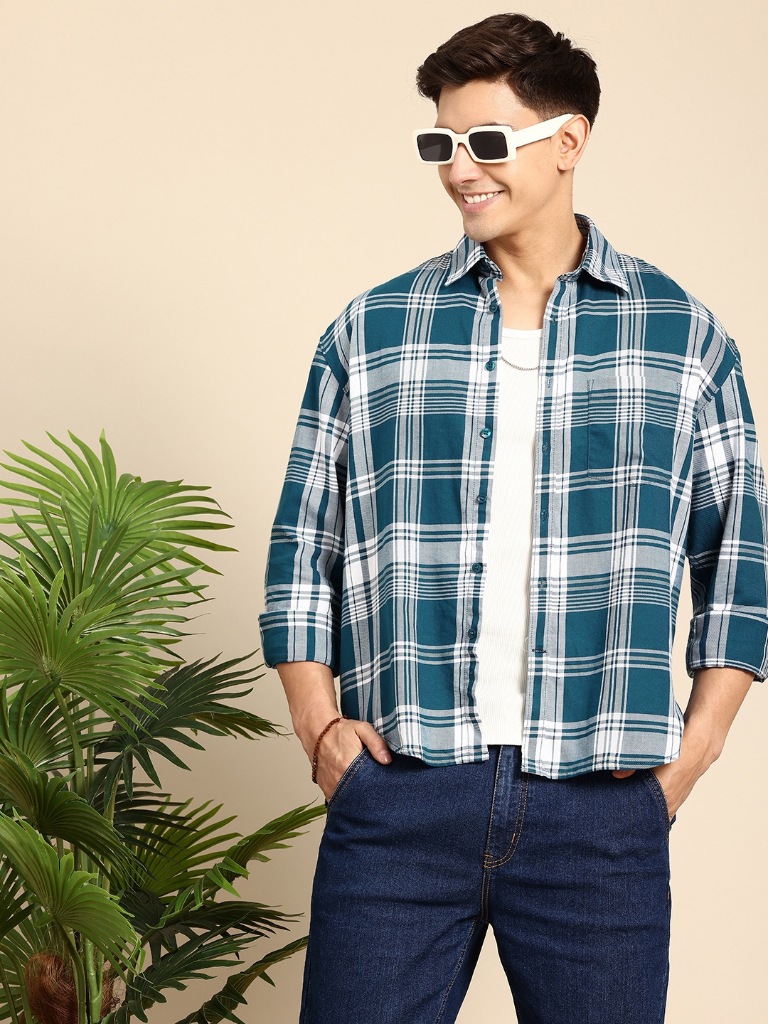 

Mast & Harbour Checked Pure Cotton Casual Relaxed Fit Shirt, Blue