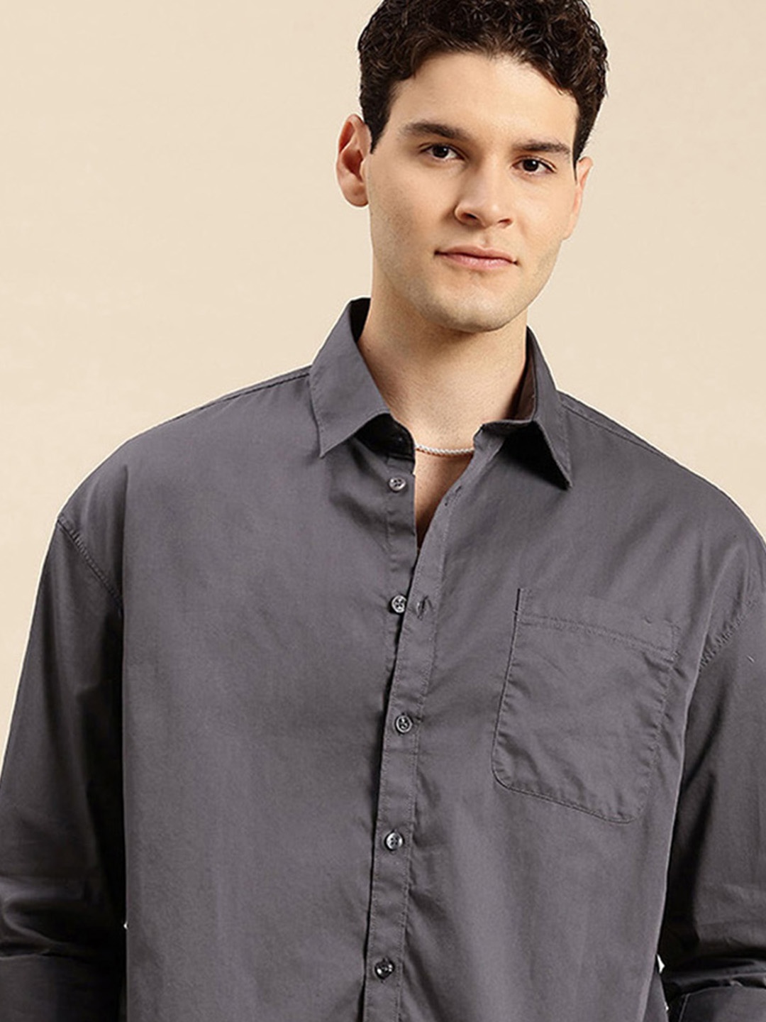 

Mast & Harbour Drop-Shoulder Sleeves Relaxed Fit Pure Cotton Casual Shirt, Grey