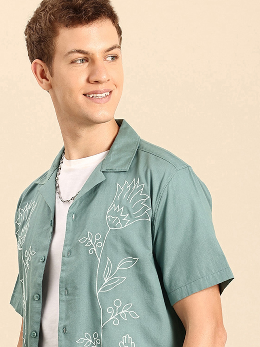 

Mast & Harbour Pure Cotton Floral Embroidered Cuban Collar Relaxed Fit Casual Shirt, Green