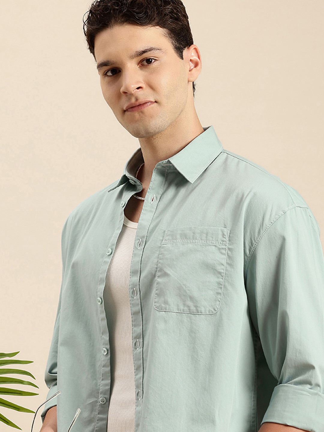 

Mast & Harbour Drop-Shoulder Sleeves Relaxed Fit Pure Cotton Casual Shirt, Green