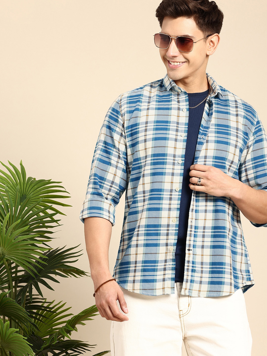 

Mast & Harbour Pure Cotton Checked Casual Shirt, Blue