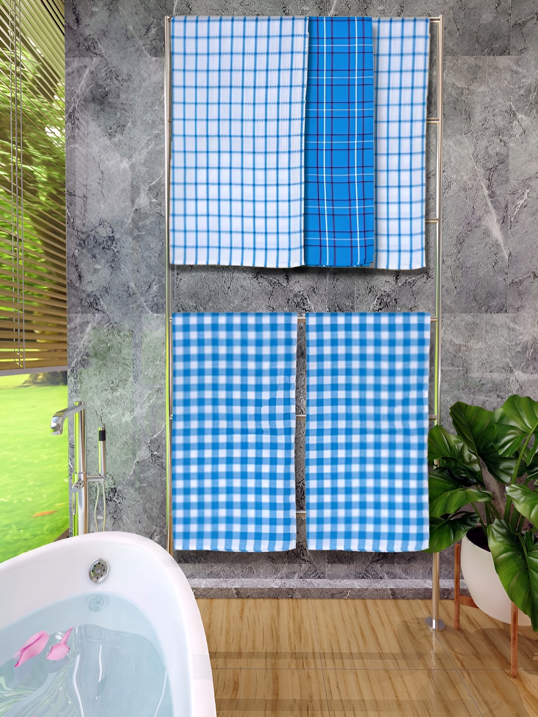 

Athom Living Blue 5 Pieces Checked Cotton 150 GSM Bath Towels