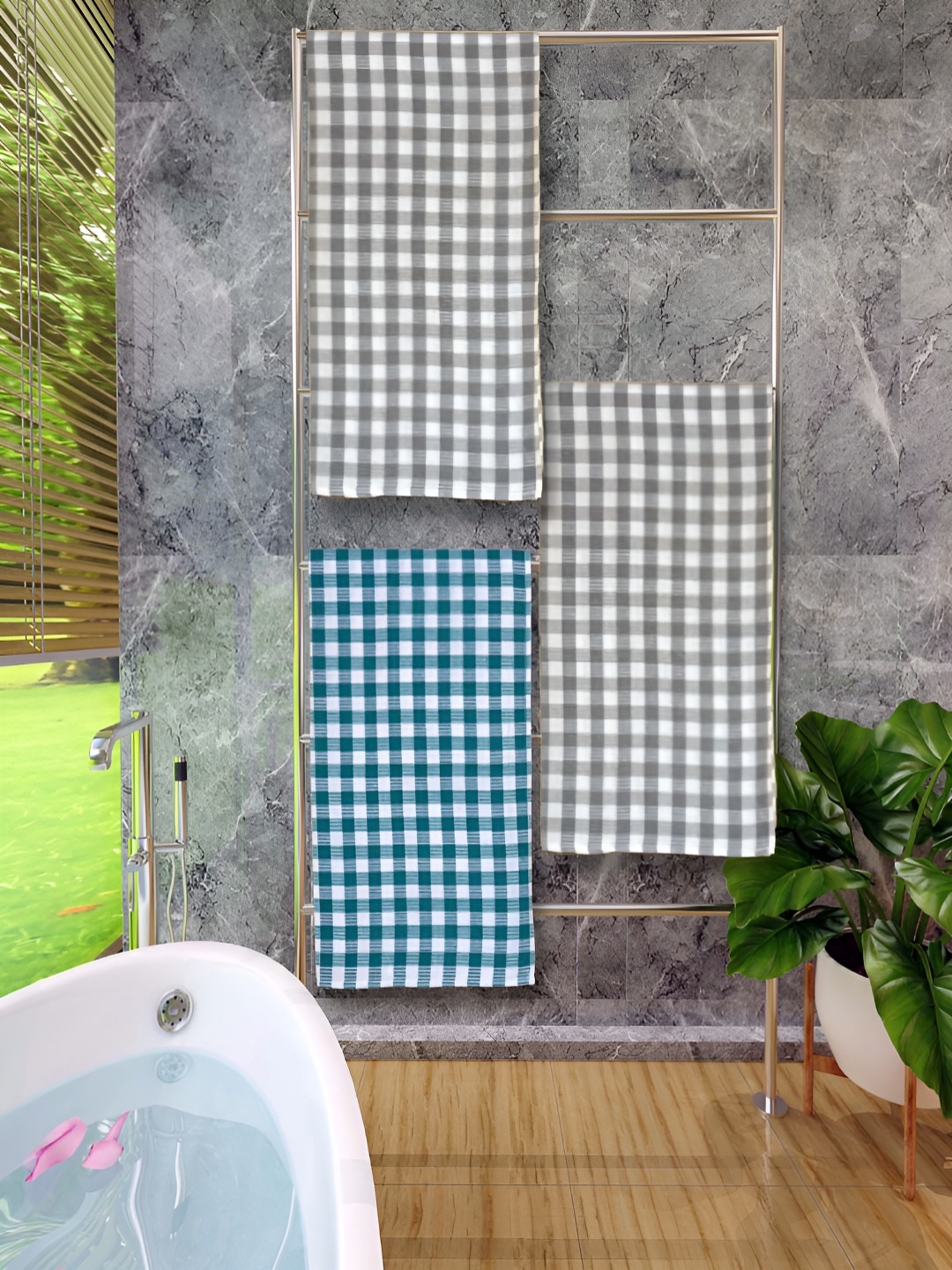 

Athom Living Grey & Green 3 Pieces Checked Cotton 150 GSM Bath Towels