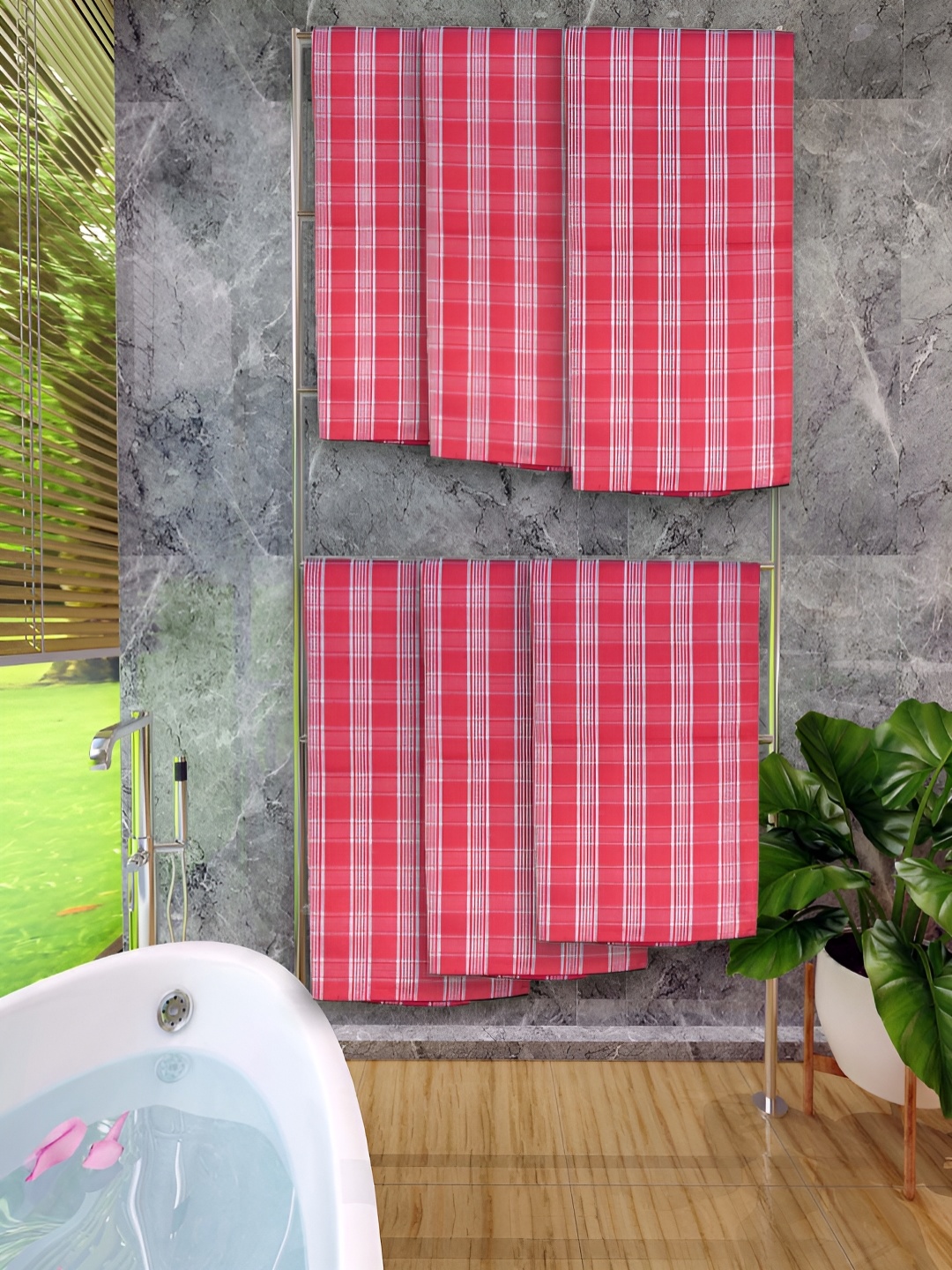 

Athom Living Red & White 6 Pieces Checked Cotton 150 GSM Bath Towel