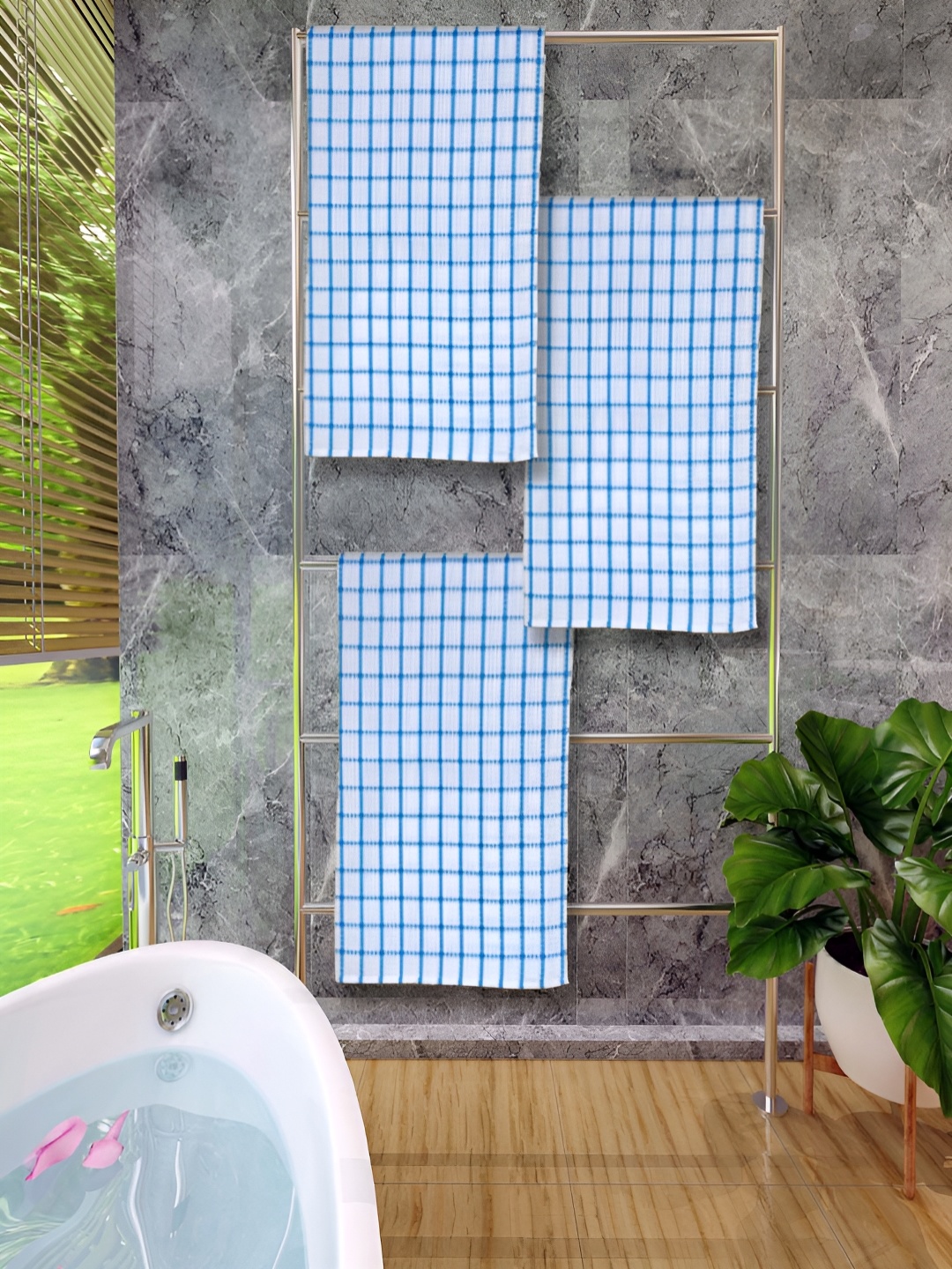 

Athom Living Blue & White 3 Pieces Checked Cotton 150 GSM Bath Towels