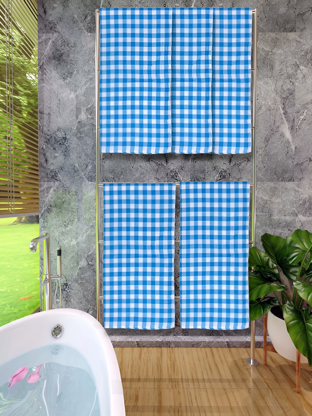 

Athom Living Blue & White 5 Pieces Checked Cotton 150 GSM Bath Towels