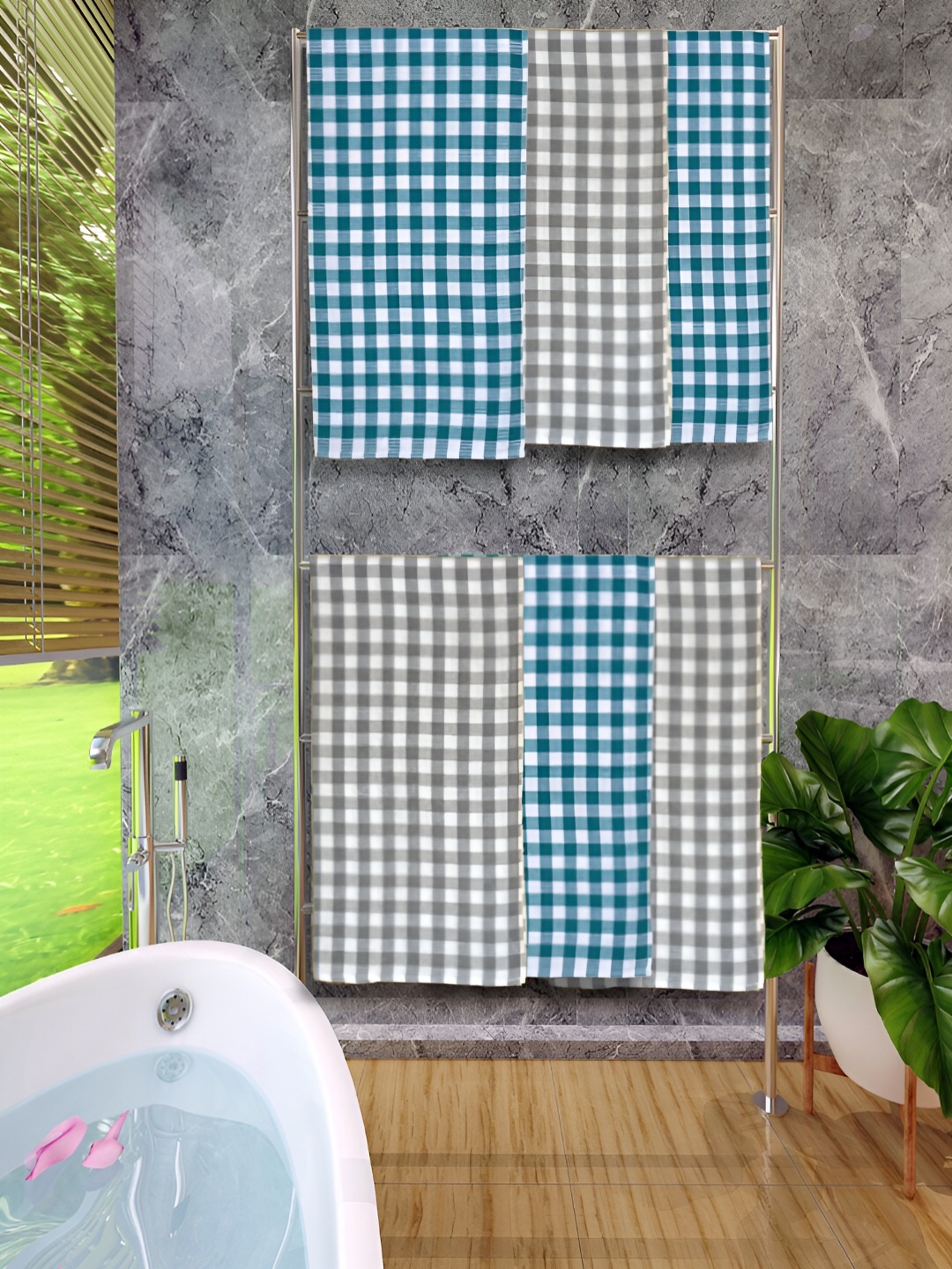 

Athom Living Grey & Green 6 Pieces Checked Cotton 150 GSM Bath Towel